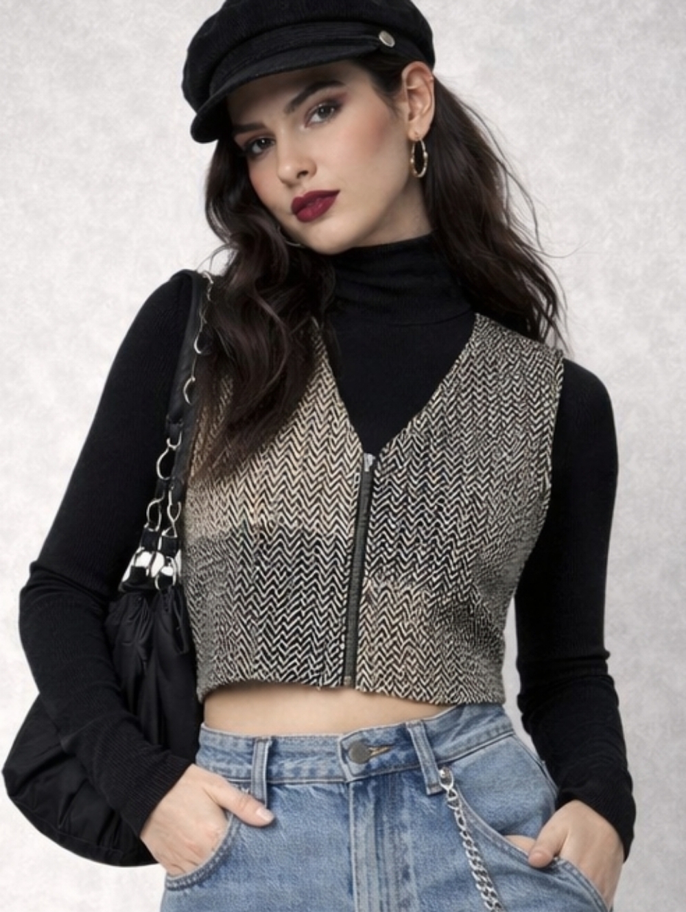 Cropped Tweed Vest Zip Front Preppy Streetwear Academia Layering Piece